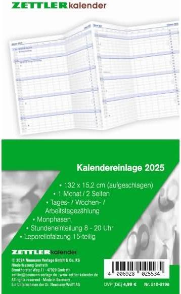 Produktbild Kalender-Ersatzeinlage 2025, 8,8x15,2cm, Ersatzeinlage für Taschenplaner Typ 510, in (Deutsch)