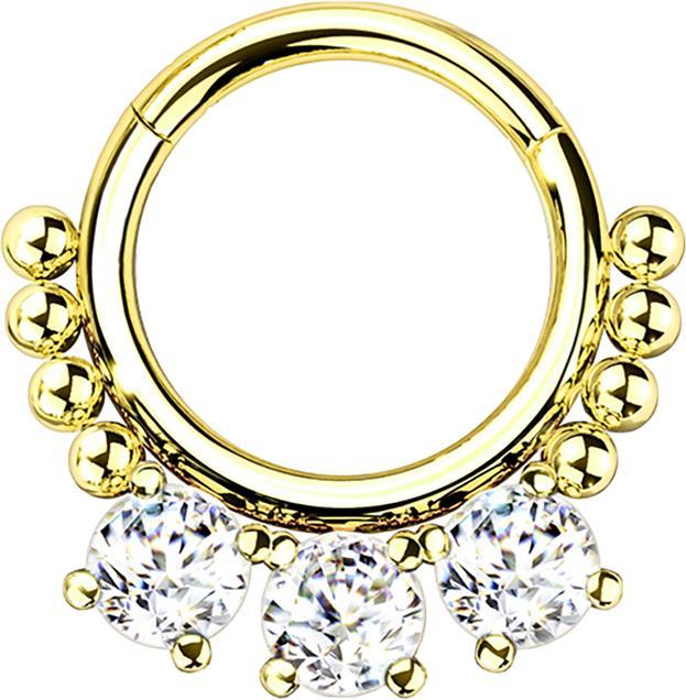 Produktbild Star Piercing Micro Segmentring klappbar vergoldet Kugeln und drei Kristalle (Chirurgenstahl 316L, ohne Messing)