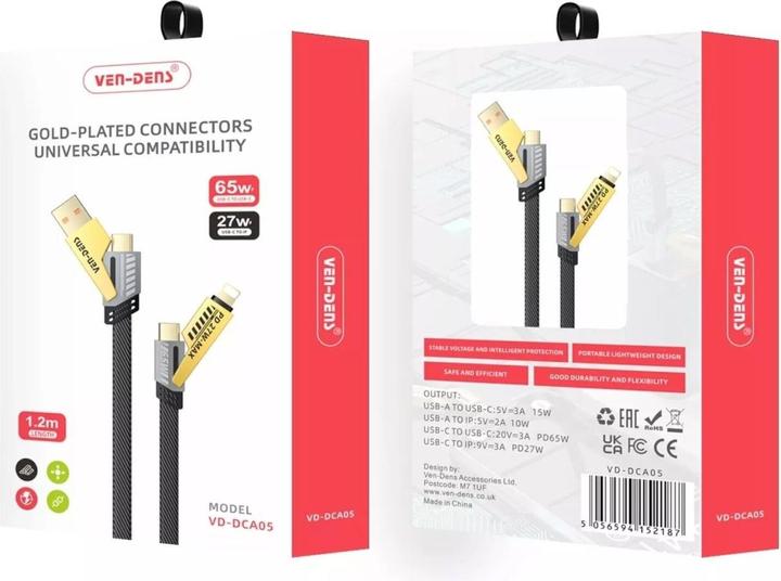 Produktbild Ven-Dens 4-in-1 Flexible & Flip USB-C, Lightning, USB-A 65W, 27W PD Kabel 1.2m (USB 3.2 Gen 1)