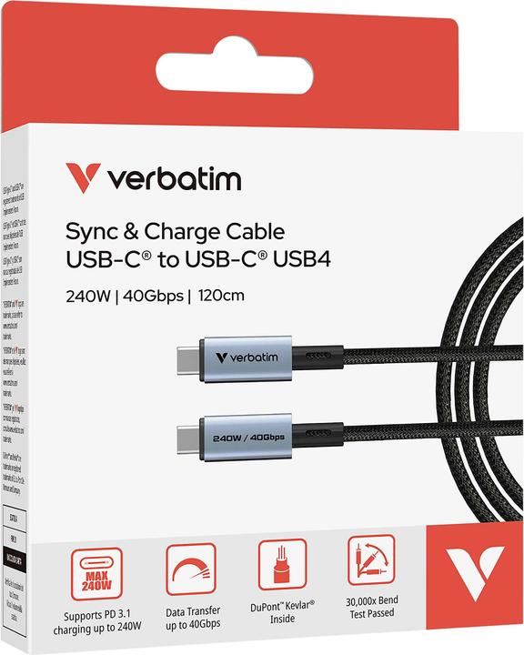 Actual product image Verbatim Sync & Charge USB C to USB C 240W 40 Gbps 120 cm (1.20 m, USB 4.0)