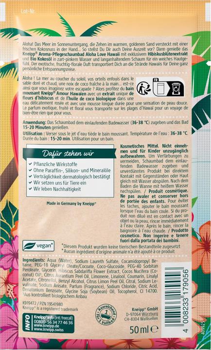 Nährwerte und Zutaten Kneipp Aroma-Pflegeschaumbad Aloha Love Hawaii (50 ml, Schaumbad)