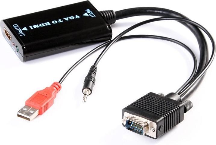 Produktbild JTI VGA-zu-HDMI-Konverter mit USB- und 3,5-mm-Kabeln
