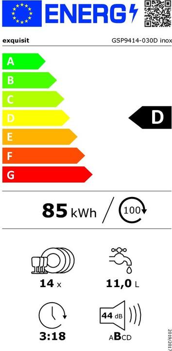 Label énergétique Exquisit GSP9414-030D inox, Lave-vaisselle (pose libre)