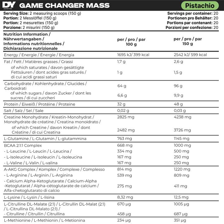 Nährwerte und Zutaten DY Nutrition Game Changer Mass (Pistazie, 3000 g)