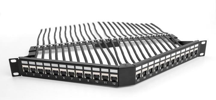Produktbild Delock 48,30cm (19") Keystone Patchpanel 24 Port mit Entlastungsschiene 1 HE gewinkelt schwarz