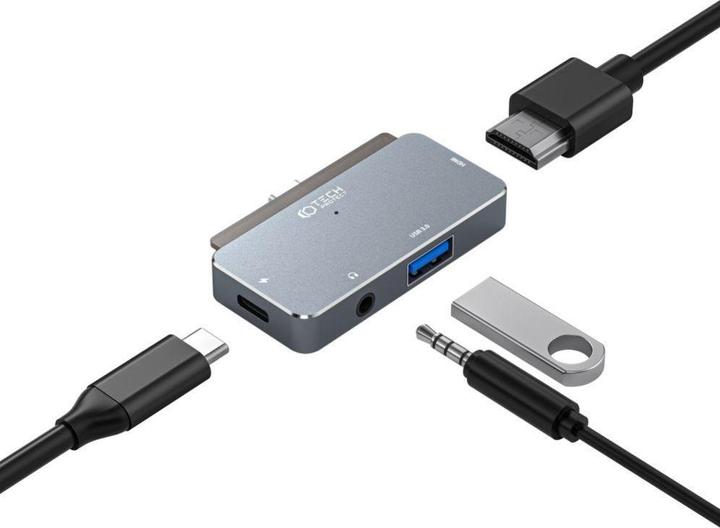 Actual product image Tech-Protect HUB V6 4in1 USB-C - USB-A 3.0 / USB-C PD100W / HDMI / mini jack 3.5mm - grey (USB-C, 4 Ports)