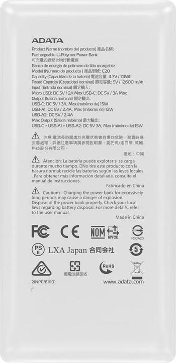 Produktbild Adata C20 (20000 mAh, 15 W, 74 Wh)