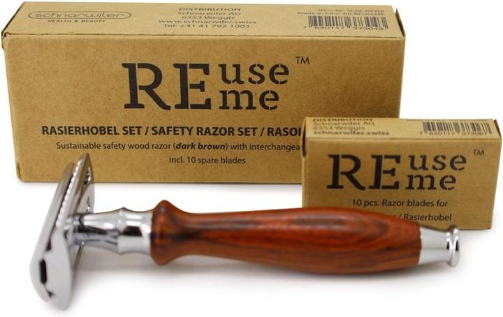 Produktbild ReUseMe Rasierhobel aus Holz dunkelbraun mit Stahlklinge inklusive 10 Ersatzklingen