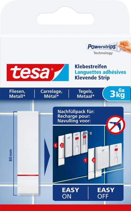 Immagine prodotto tesa Powerstrips per piastrelle e metallo, 3 kg di forza di tenuta, 6 strisce biadesive