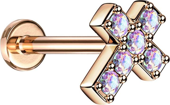 Actual product image Star Piercing Micro Labret internal thread rosegold cross with crystal multicolour (Surgical steel 316L, without brass)
