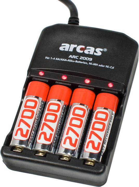 Image du produit Arcas Chargeur avec 4 accus R6 NiMH 2700 mAh (4 pcs, AA, AAA, 2700 mAh, Piles rechargeables + chargeur)