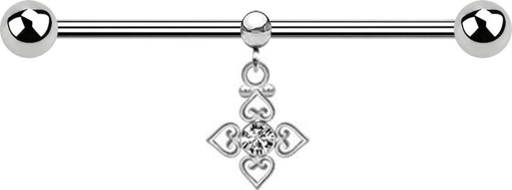 Produktbild Star Piercing Barbell silber zwei Kugeln mit Kugel Ring Anhänger Kristall silber vier filigrane Herzen (Chirurgenstahl 316L, ohne Messing)