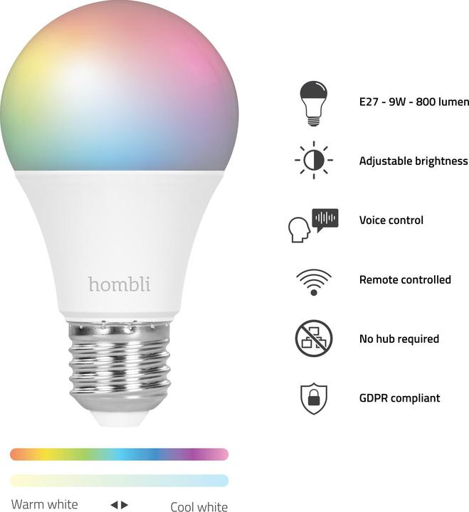 Energy Label Hombli Smart Bulb 9W RGB (2x) (E27, 9 W, 800 lm, 2 x, F)