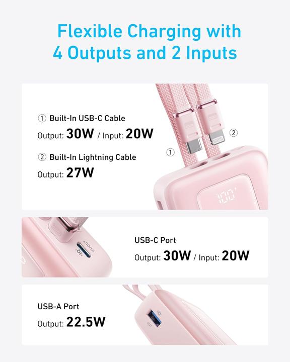 Produktbild Anker - Power Bank (20K, 30W, Built-In USB-C Lightning Cable) B2C - UN White (20000 mAh, 30 W)