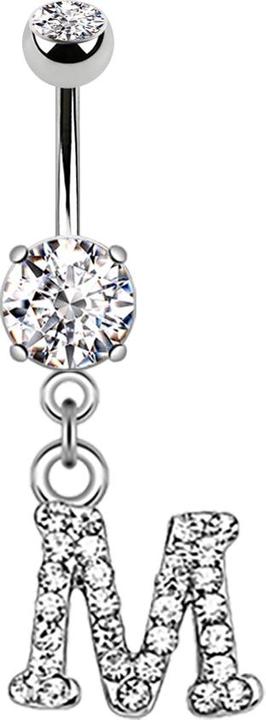 Actual product image Star Piercing Banana silver with pendant crystal letter M (Brass, Surgical steel 316L)