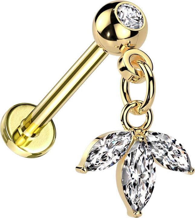 Star Piercing Micro Threadless Labret vergoldet mit Kugel mit Kristall silber Anhänger Blatt drei Ovale Kristalle (Messing, Chirurgenstahl 316L)
