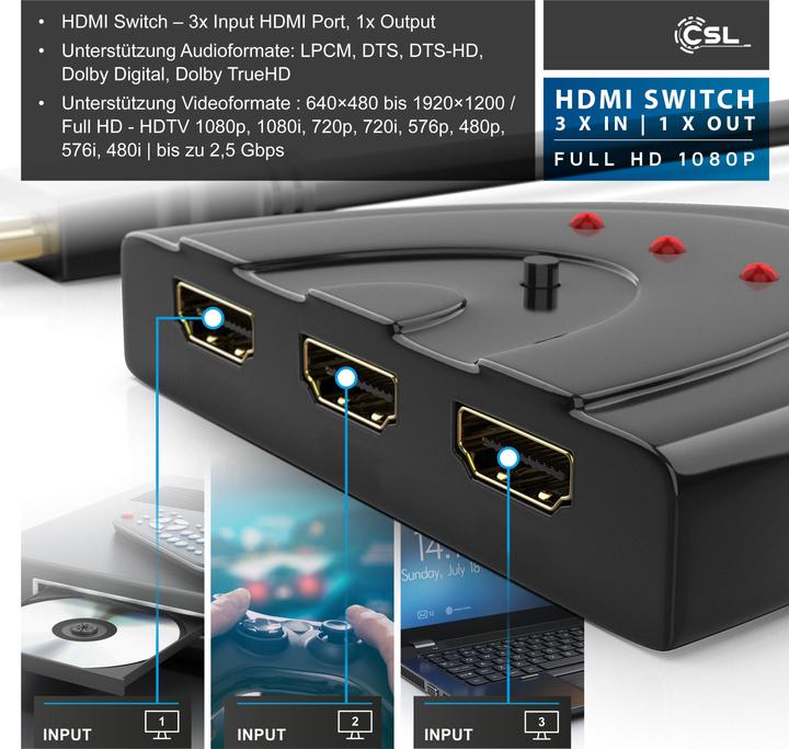 Produktbild CSL 3 Port HDMI Switch Full HD 1080p, automatische Umschaltung / 3D / HDCP / CEC