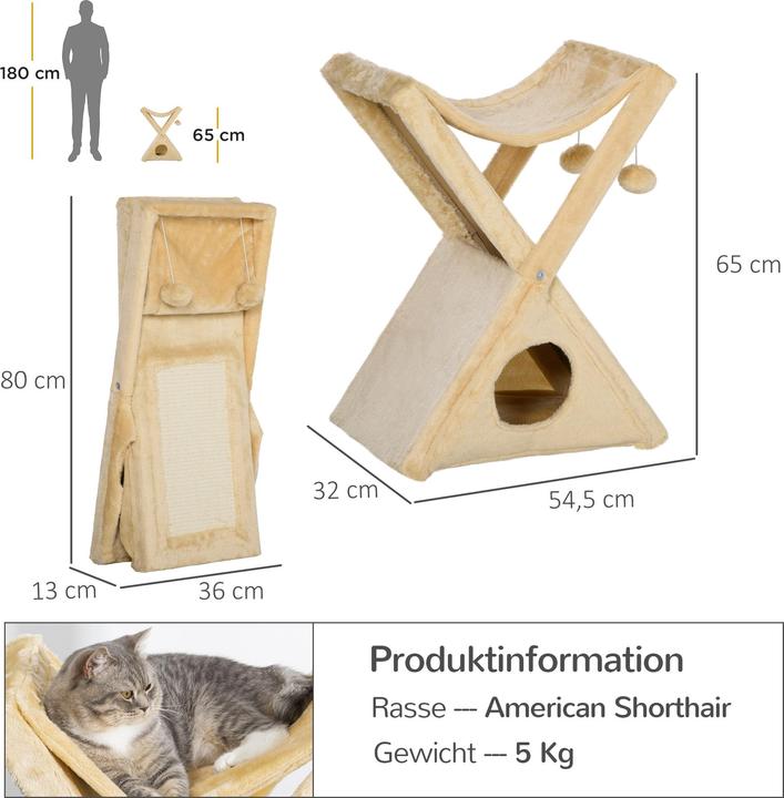 Produktbild PawHut Katzenturm mit Höhle und Hängematte (65 cm, Beige)