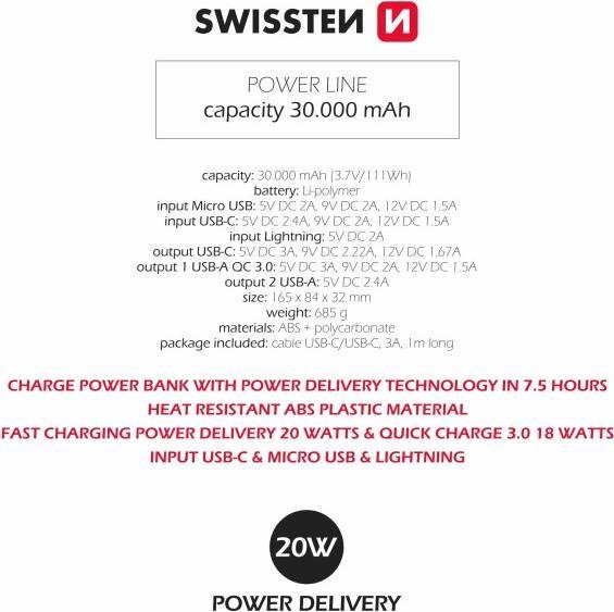 Immagine prodotto Swissten Linea elettrica (30000 mAh, 20 W, 20 Wh)