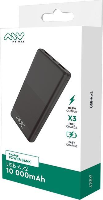 Produktbild My Way MYWAY POWERBANK 2 USB 10 000mAh NOIR (10000 mAh, 10.50 W, 10 Wh)