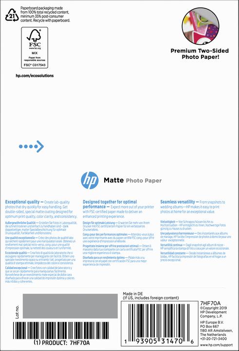 Immagine prodotto HP Carta fotografica opaca (180 g/m², 10 x 15 cm, 25 x)