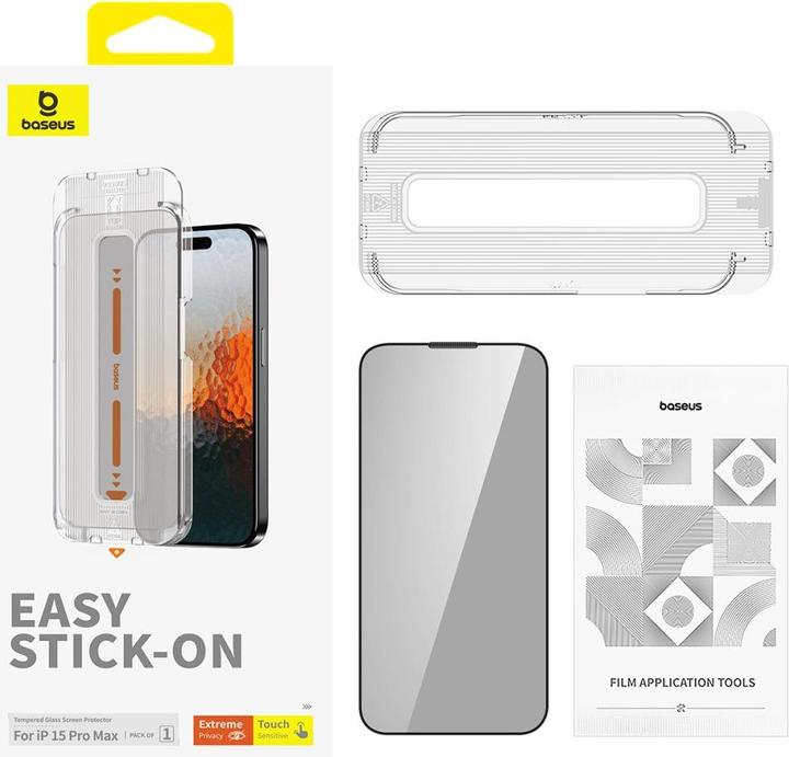 Produktbild Baseus iPhone 15 Pro Max Saphire Series Displayschutz Panzerglas mit Sichtschutz (1 Stück, Apple iPhone 15 Pro Max)