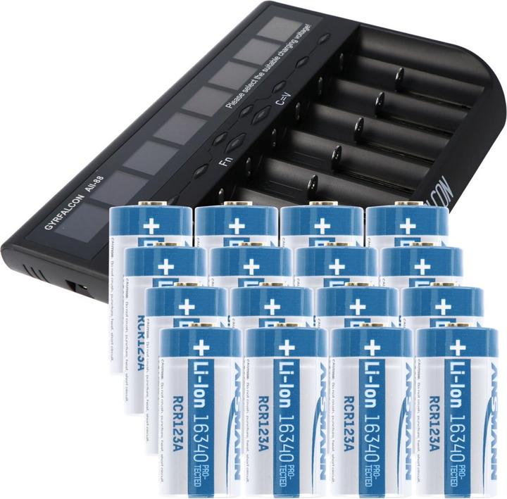 Produktbild AccuCell 8fach Schnell-Ladegerät und 16 Stück CR123A Li-ion Akku (1 Stk., CR123A, 760 mAh, Ladegerät inkl. Akku)