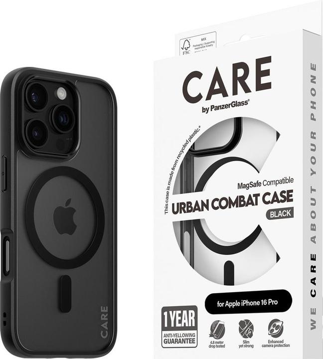 Actual product image PanzerGlass CARE by ® Flagship Case Transparent Urban Combat w. Black Frame & MagSafe iPhone '24 6.3" (Apple iPhone 16 Pro)