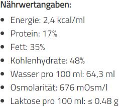 Nutritional values and ingredients AMO Compact 2.4 kcal Drink Vanille (1 Piece, Liquid, 4117 g)