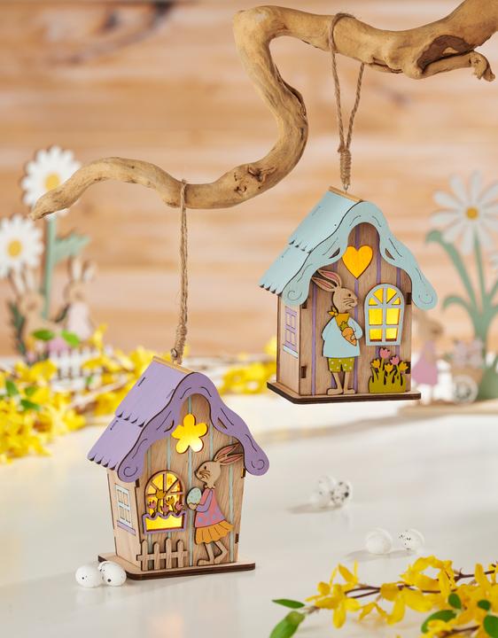 Image du produit VBS Kit de construction en bois "Maisons de lapin", lot de 2, 16 pièces chacune avec LED