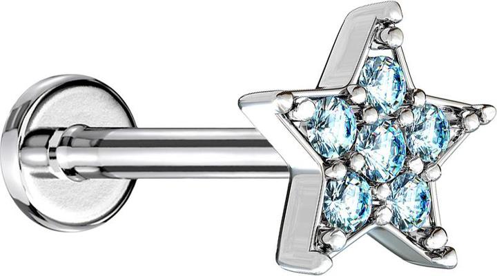 Star Piercing Micro Labret Innengewinde silber Stern Kristall aqua (Messing, Chirurgenstahl 316L)