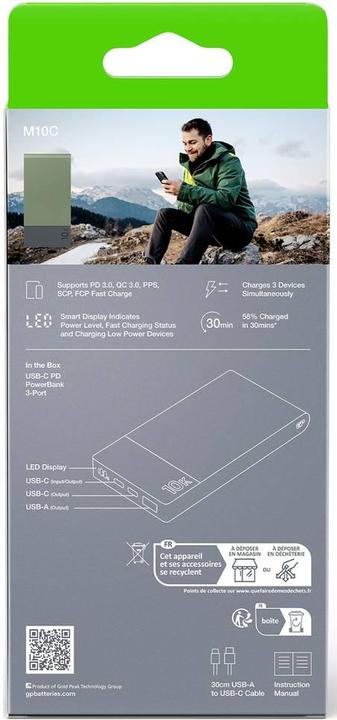 Immagine prodotto GP Batteries GP PowerBank M2+ 10C 10000mAh 2xUSB-C/1xUSB-A display a LED verde (10000 mAh, 22.50 W, 37 Wh)