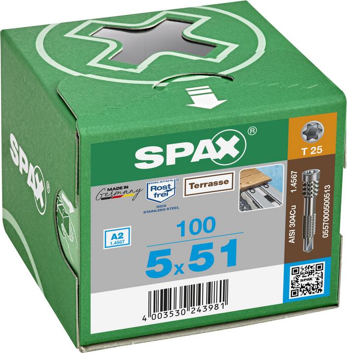 Immagine prodotto Spax Vite per decking Alu 5,0 x 51 mm 100 pz. Acciaio inox A2 ( 0557000500513 ) Filetto di fissaggio (100 Viti per pezzo)