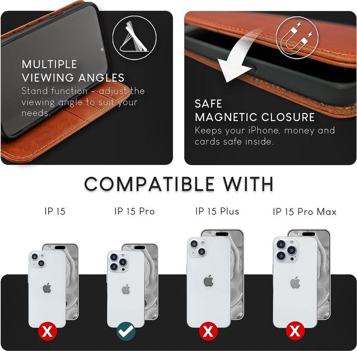 Produktbild Nalia Echt Leder Flip Case Hülle mit Magnetverschluss (Apple iPhone 15 Pro)