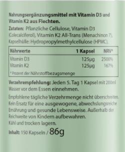 Nutritional values and ingredients Biotanicals Vitamin D3 + K2 150 capsules (150 Piece, Capsules, 86 g)
