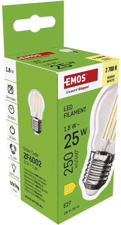 Immagine prodotto Emos Lampada LED a filamento Mini Globe / E27 / 1,8 W (25 W) / 250 lm / Bianco caldo (E27, 1.80 W, 250 lm, 1 x, D)