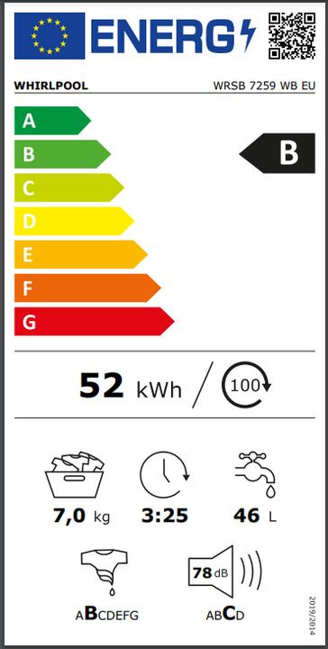 Energie-Label Whirlpool WRSB 7259 WB EU (7 kg, Links, EU-Stecker)