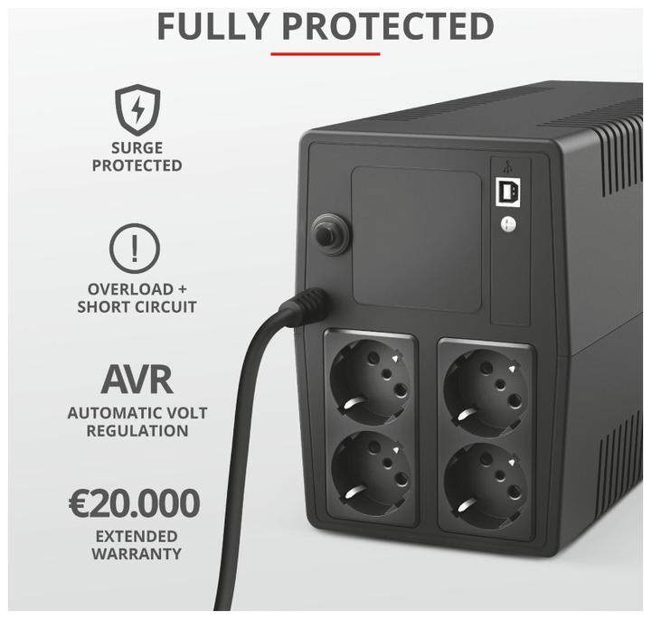 Actual product image Trust UPS||600 Watts|1000 VA|Wave form type Simulated sinewave|23504 (1000 VA, 600 W, Line-interactive UPS)
