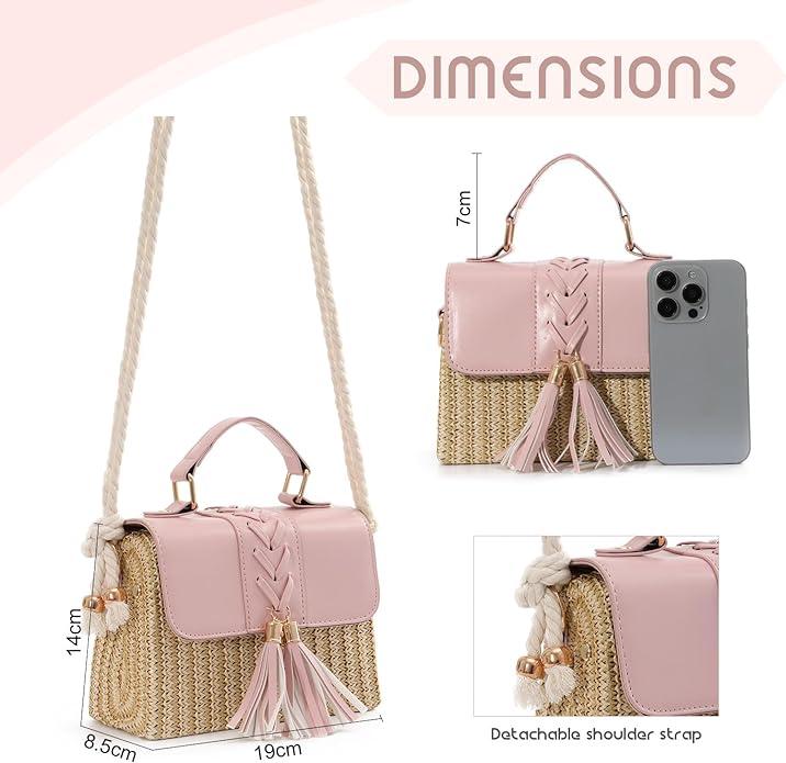 Produktbild Only-Bags.Store Quaste Dekor Stroh gewebt Handtaschen, Mini Rope Strap Crossbody Strandtasche, Frauen Top Handle