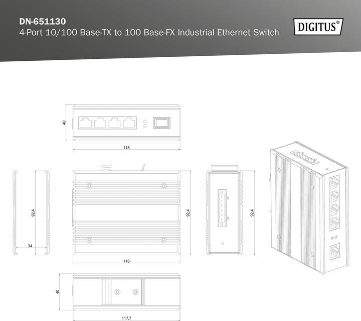 Immagine prodotto Digitus Switch Ethernet industriale da 4 porte 10/100Base-TX a 100Base-FX (4 Porti)
