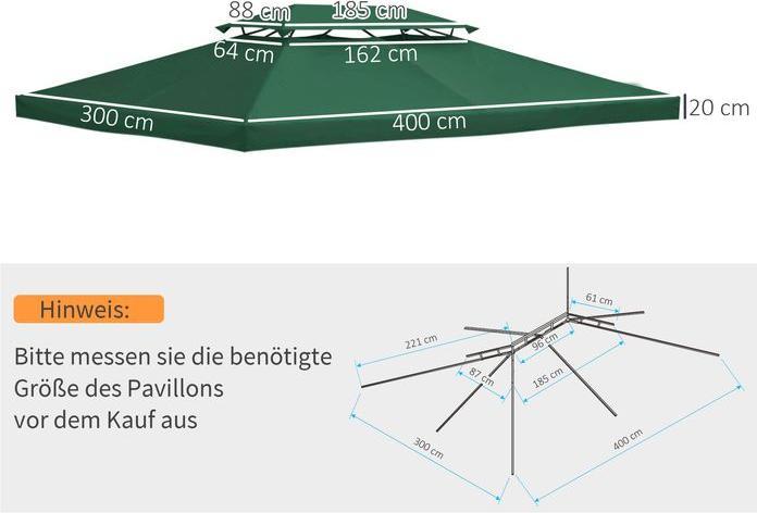 Produktbild Swisshandel24 Ersatzdach Pavillondach für Metallpavillon Gartenpavillon Partyzelt Gartenzelt Polyester 3x4m Grün (1200 cm, 300 cm)