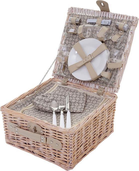 Produktbild Swisshandel24 Picknickkorb-Set für 4 Personen, Picknicktasche + Kühlfach, Porzellan Glas Edelstahl, beige