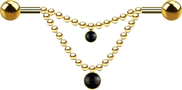 Produktbild Star Piercing Barbell vergoldet zwei Kugeln zwei Ketten Onyx Stein (ohne Messing, Mineralisch, Chirurgenstahl 316L)