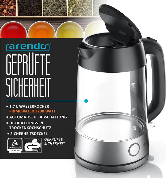 Actual product image Arendo Stainless steel glass kettle (1.70 l)