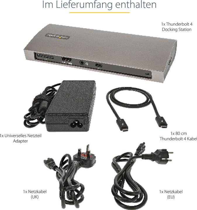 Immagine prodotto StarTech com TB4CDOCKUE, Kabelgebunden, Thunderbolt 4, 96 W, 10,100,1000 Mbit/s, Schwarz, Grau, MMC (Thunderbolt, 3 Porti)