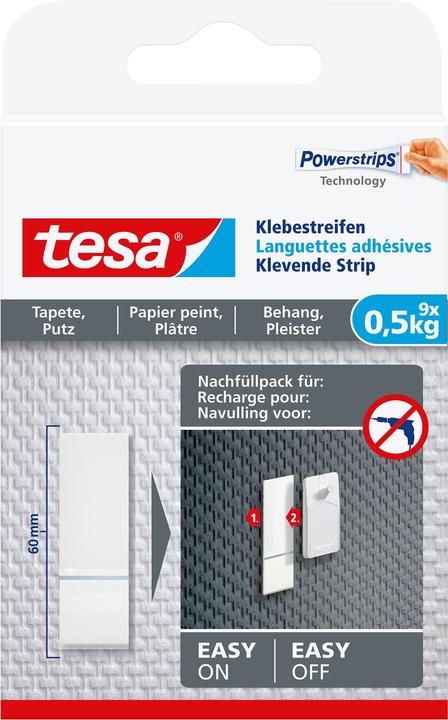 Immagine prodotto tesa Powerstrips per carta da parati e intonaco, 0,5 kg di forza di tenuta, 9x strisce biadesive