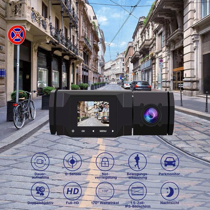 Produktbild Hermex Dual-Dashcam Full-HD Autofront-Kamera Onboard-Kamera Innenraum Auto (Eingebautes Mikrofon, Nachtsicht, Beschleunigungssensor, Full HD)