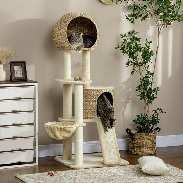 Image du produit Swisshandel24 Arbre à chat, 150 cm, arbre à chat avec maison pour chat, arbre à grimper avec hamac et rampe (150 cm, Marron, Crème)