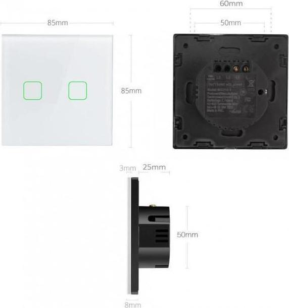 Actual product image Maclean Smart WiFi 2-fold touch light switch compatible with Tuya APP Wall switch Glass switch with