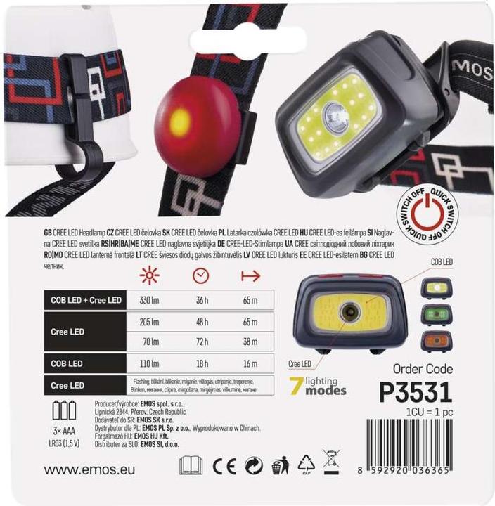 Actual product image Emos CREE LED + COB LED Headlamp 3x AAA, 330 lm, 65 m (330 lm)